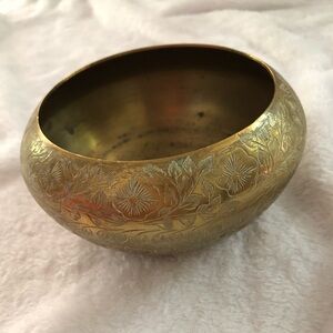 Engraved Brass Decorative Bowl vintage round brass etched India bowl about 4.5”